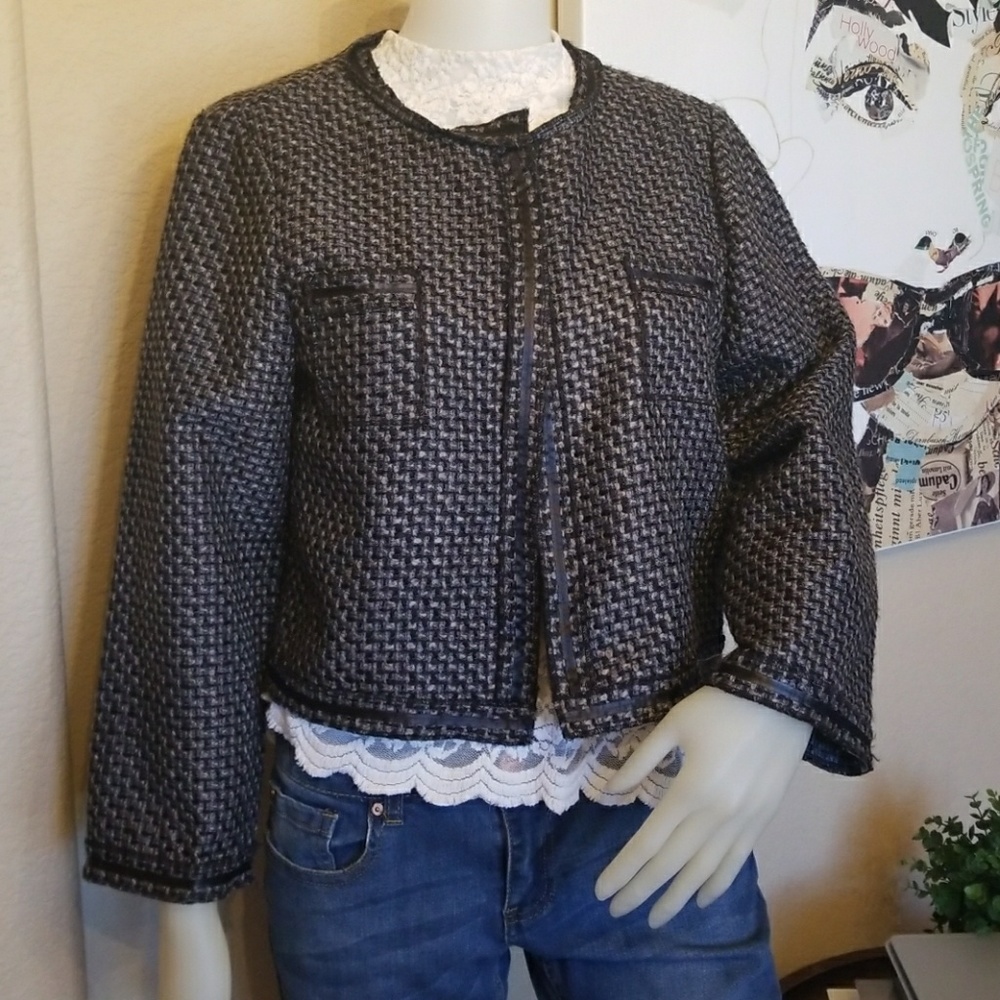 Olsenboye Tweed Cropped Blazer Black Gray Floral